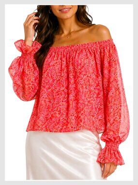 Ramy Brook Off Shoulder Blouse Coral Paisley Ruffle Sleeve S